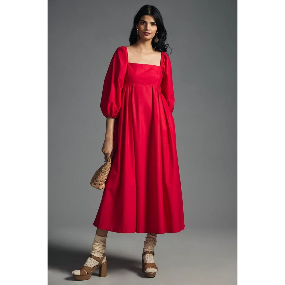 Maeve Anthropologie Red‎ Squareneck Babydoll Puff Sleeve Midi Red Dress Small